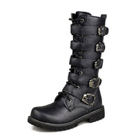 Motorcycle Boots Punk Martin Boots Black PU Leather Rock Steampunk Motorbike Boots Mid-calf Metal Buckle Shoes for Men