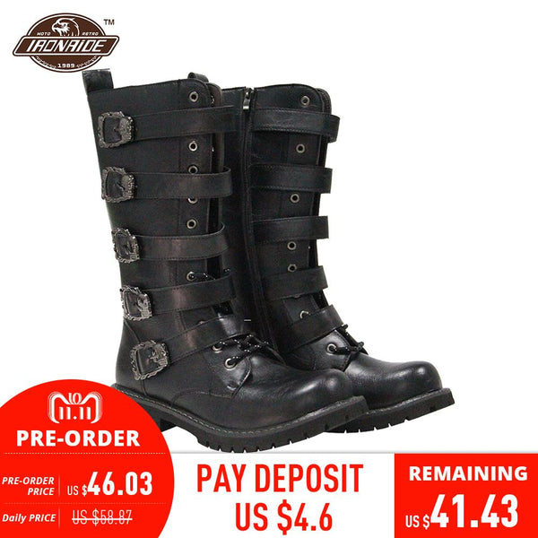 Motorcycle Boots Punk Martin Boots Black PU Leather Rock Steampunk Motorbike Boots Mid-calf Metal Buckle Shoes for Men