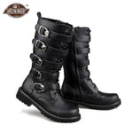 Motorcycle Boots Men Punk Martin PU Leather Boots Moto Steampunk Boots Belt Buckle Military Boots Mid-calf Shoes Protective Gear